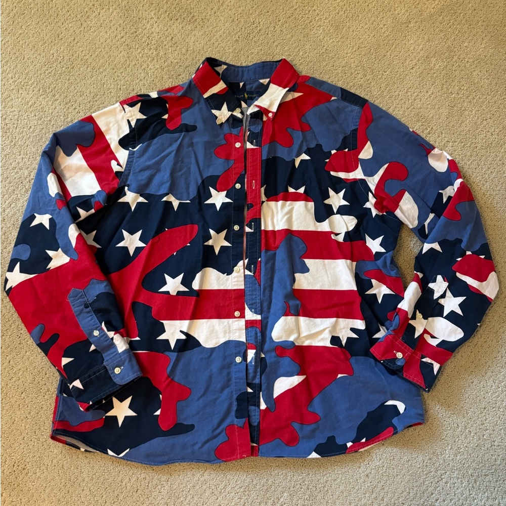 Vintage Ralph Lauren Patriotic American Flag Camouflage Button-Up Shirt size XXL